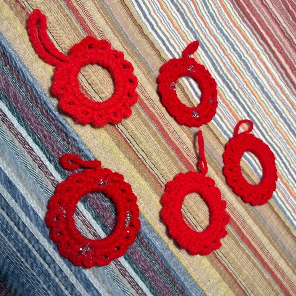 Handmade Crochet Christmas Ornaments Set of 8 Red Wreaths and Glitter Stars